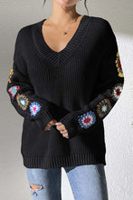 Load image into Gallery viewer, Black Crochet Flower Splicing V-Neck Pullover Sweater