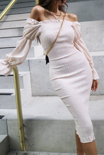 Load image into Gallery viewer, Off the Shoulder Long Sleeves Smocked Sheath Midi Dress