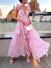 Load image into Gallery viewer, Pink Floral Deep V-neck High Split Ruffled Maxi Dress