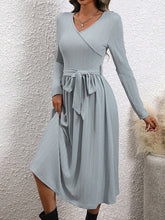 Load image into Gallery viewer, Simple V-Neck Long Sleeves Pleated Tied Waist Midi Dress