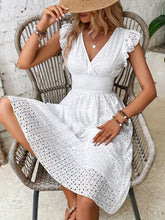 Load image into Gallery viewer, White Shirred Waist Surplice V Neck Midi Dress