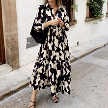 Load image into Gallery viewer, White and Black Print Collar Long Sleeves Tiered Midi Dress