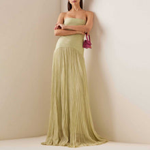 Load image into Gallery viewer, Strapless Ruched Body Drapped Waist Pleated Maxi Dress