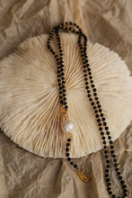 Load image into Gallery viewer, Elegant Long Mala-Style Black Beaded Necklace with Pearl & Moon Charm