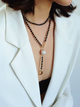Load image into Gallery viewer, Elegant Long Mala-Style Black Beaded Necklace with Pearl & Moon Charm