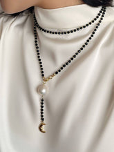 Load image into Gallery viewer, Elegant Long Mala-Style Black Beaded Necklace with Pearl & Moon Charm
