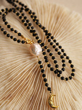 Load image into Gallery viewer, Elegant Long Mala-Style Black Beaded Necklace with Pearl & Moon Charm