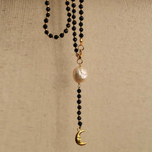 Load image into Gallery viewer, Elegant Long Mala-Style Black Beaded Necklace with Pearl & Moon Charm