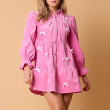 Load image into Gallery viewer, Collared Neck Flounce Sleeve Bow Mini Dress