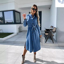 Load image into Gallery viewer, Long-Sleeve Collar Washed Tie Waist Button-Up Denim Slit Midi A-Line Shirt Dress