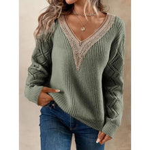 Load image into Gallery viewer, Long Sleeve V-neck Lace Patchwork Sweater