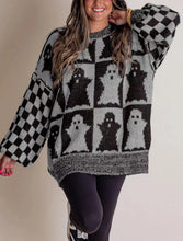 Load image into Gallery viewer, Long Sleeve Ghost Halloween Checkered Sweater