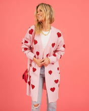 Load image into Gallery viewer, Valentine's Day Cardigan Heart Pattern Ribbed Trim Open Front Cardigan