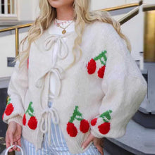 Load image into Gallery viewer, Cherry Embroidered Tied Up Cardigan Sweater