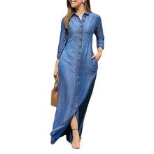 Load image into Gallery viewer, Collar Buttons Down Long Sleeve Maxi Denim Dress