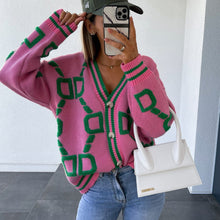 Load image into Gallery viewer, Contrast Letters Single-breasted Long-sleeved Knitted Cardigan