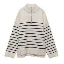Load image into Gallery viewer, Striped Collared Half Zip Neck Rib Knit Sweater