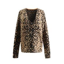 Load image into Gallery viewer, Casual Knit Leopard Print Long Sleeve V Neck Button Down Sweater Cardigan