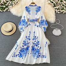 Load image into Gallery viewer, White Blue Floral Print Long Sleeves Buttons Down Maxi Dress