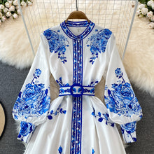 Load image into Gallery viewer, White Blue Floral Print Long Sleeves Buttons Down Maxi Dress
