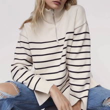 Load image into Gallery viewer, Striped Collared Half Zip Neck Rib Knit Sweater