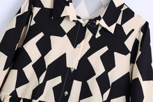 Load image into Gallery viewer, White and Black Print Collar Long Sleeves Tiered Midi Dress