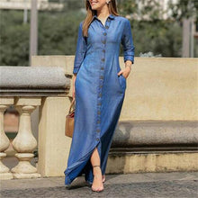 Load image into Gallery viewer, Collar Buttons Down Long Sleeve Maxi Denim Dress