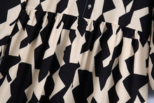 Load image into Gallery viewer, White and Black Print Collar Long Sleeves Tiered Midi Dress