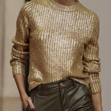 Load image into Gallery viewer, Gold Ribbed Round Neck Long Sleeve Sweater