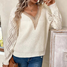 Load image into Gallery viewer, Classic V-Neck Lace Trim Casual Knitted Sweater