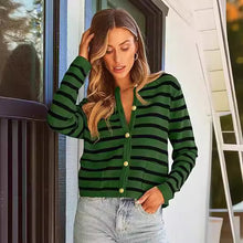 Load image into Gallery viewer, Casual Stripe Buttons Round Neck Cardigan