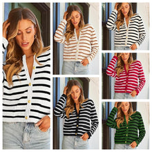 Load image into Gallery viewer, Casual Stripe Buttons Round Neck Cardigan