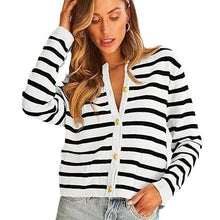 Load image into Gallery viewer, Casual Stripe Buttons Round Neck Cardigan