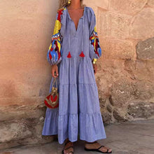 Load image into Gallery viewer, Boho V-neck Tassel Peacock Striped Print Tiered Loose Maxi Dress
