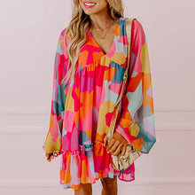 Load image into Gallery viewer, Loose Abstract Print Bell Long Sleeve V Neck Babydoll Dress