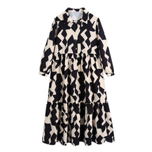 Load image into Gallery viewer, White and Black Print Collar Long Sleeves Tiered Midi Dress