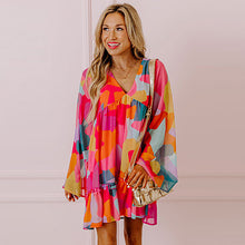 Load image into Gallery viewer, Loose Abstract Print Bell Long Sleeve V Neck Babydoll Dress