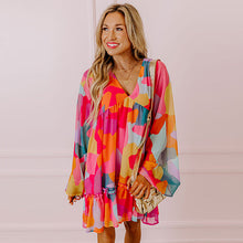 Load image into Gallery viewer, Loose Abstract Print Bell Long Sleeve V Neck Babydoll Dress