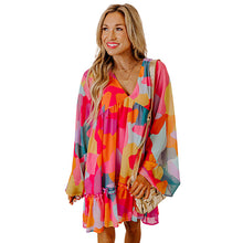 Load image into Gallery viewer, Loose Abstract Print Bell Long Sleeve V Neck Babydoll Dress