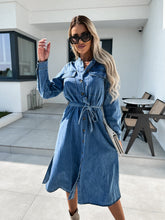 Load image into Gallery viewer, Long-Sleeve Collar Washed Tie Waist Button-Up Denim Slit Midi A-Line Shirt Dress