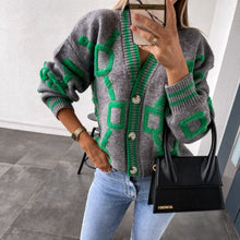 Load image into Gallery viewer, Contrast Letters Single-breasted Long-sleeved Knitted Cardigan