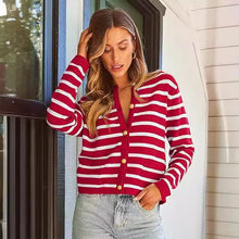 Load image into Gallery viewer, Casual Stripe Buttons Round Neck Cardigan
