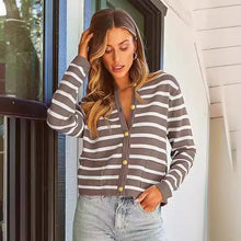 Load image into Gallery viewer, Casual Stripe Buttons Round Neck Cardigan