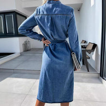 Load image into Gallery viewer, Long-Sleeve Collar Washed Tie Waist Button-Up Denim Slit Midi A-Line Shirt Dress