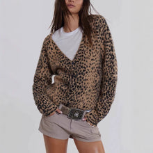 Load image into Gallery viewer, Casual Knit Leopard Print Long Sleeve V Neck Button Down Sweater Cardigan