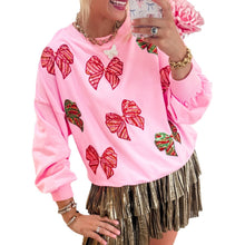Load image into Gallery viewer, Sequin Bowknot Patched Graphic Christmas Sweatshirt