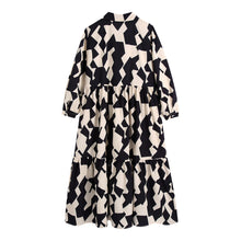 Load image into Gallery viewer, White and Black Print Collar Long Sleeves Tiered Midi Dress