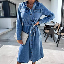 Load image into Gallery viewer, Long-Sleeve Collar Washed Tie Waist Button-Up Denim Slit Midi A-Line Shirt Dress