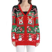 Load image into Gallery viewer, Christmas Cardigan Sweater with Reindeer and Snowman Design Holiday Knitwear