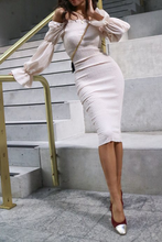 Load image into Gallery viewer, Off the Shoulder Long Sleeves Smocked Sheath Midi Dress